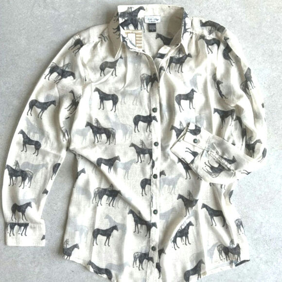 Tasha Polizzi Stallion Print Chiffon Blouse Button Down Shirt Size Medium - Picture 2 of 9